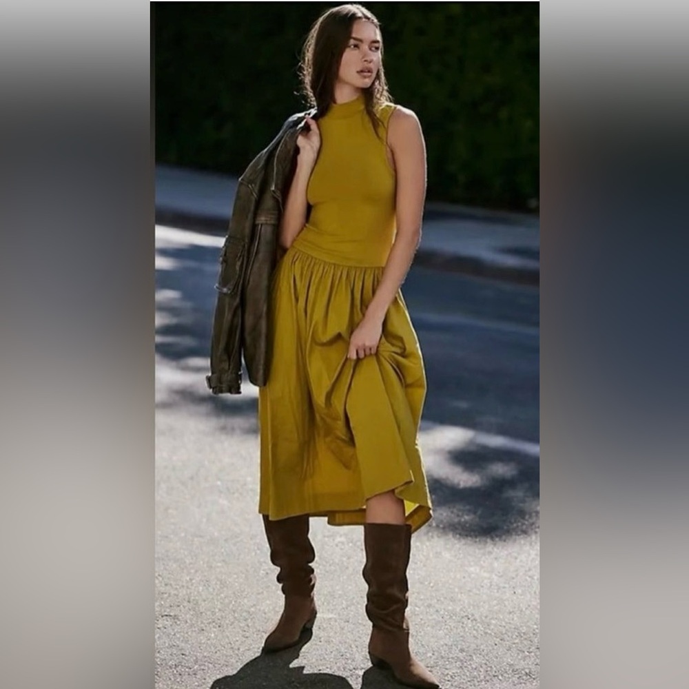 Free People Free-est Avocado Oil Green Pepita Midi Dress Size Medium - Picture 2 of 11